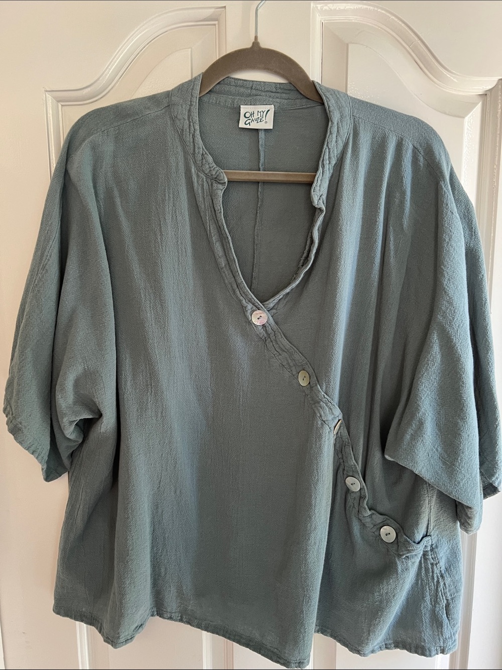 Oh My Gauze! Slate Blue Asymmetrical Button-Front Women's Top